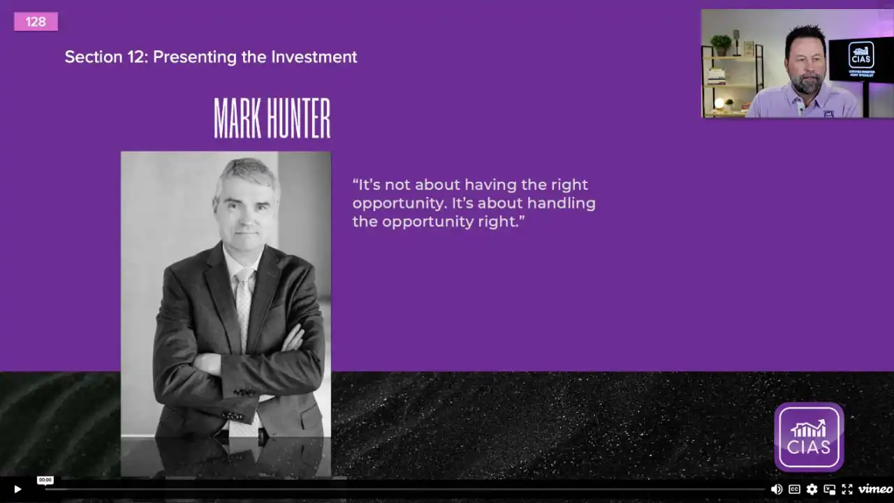 Video slide showing Mark Hunter with a quote about handling opportunities correctly, purple background with a small speaker inset at top right.