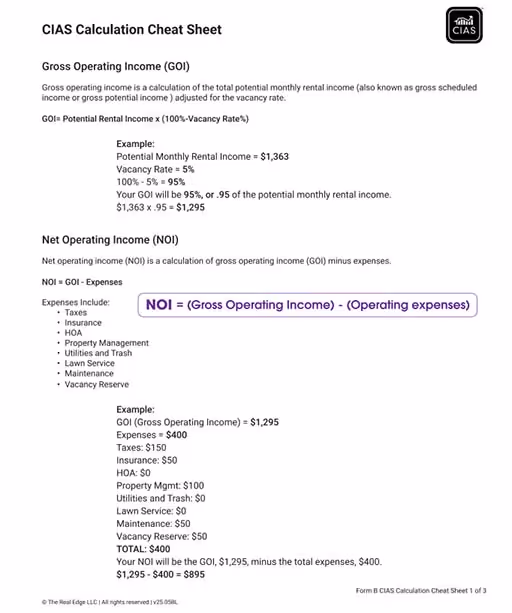 CIAS Calculation Cheat Sheet explaining Gross Operating Income (GOI) and Net Operating Income (NOI) with formulas, examples, and a list of expenses such as taxes, insurance, HOA, property management, utilities, lawn service, maintenance, and vacancy reserve.