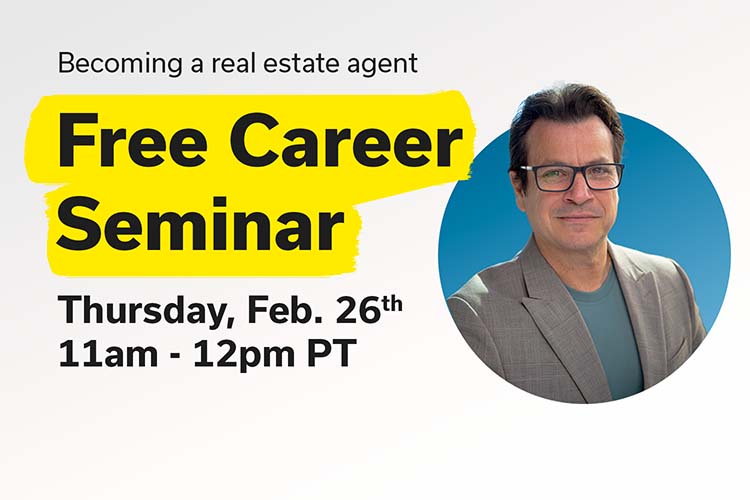 Advertisement for a free career seminar on becoming a real estate agent scheduled for Thursday, Feb. 26th, 11am to 12pm PT, with a photo of a man wearing glasses and a blazer.
