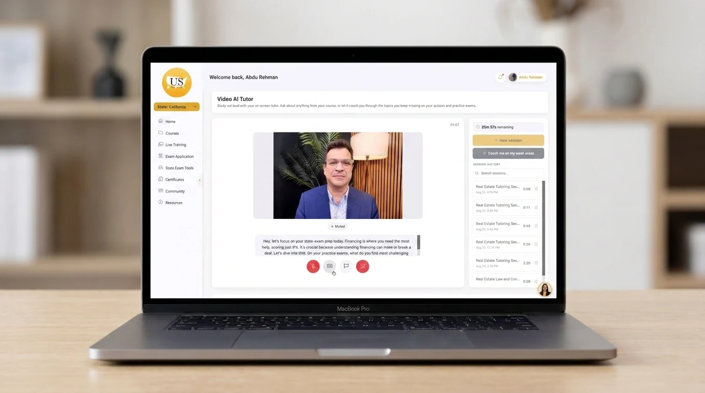US Realty Training AI Tutor open in the student portal, showing a video tutor session and past tutoring sessions