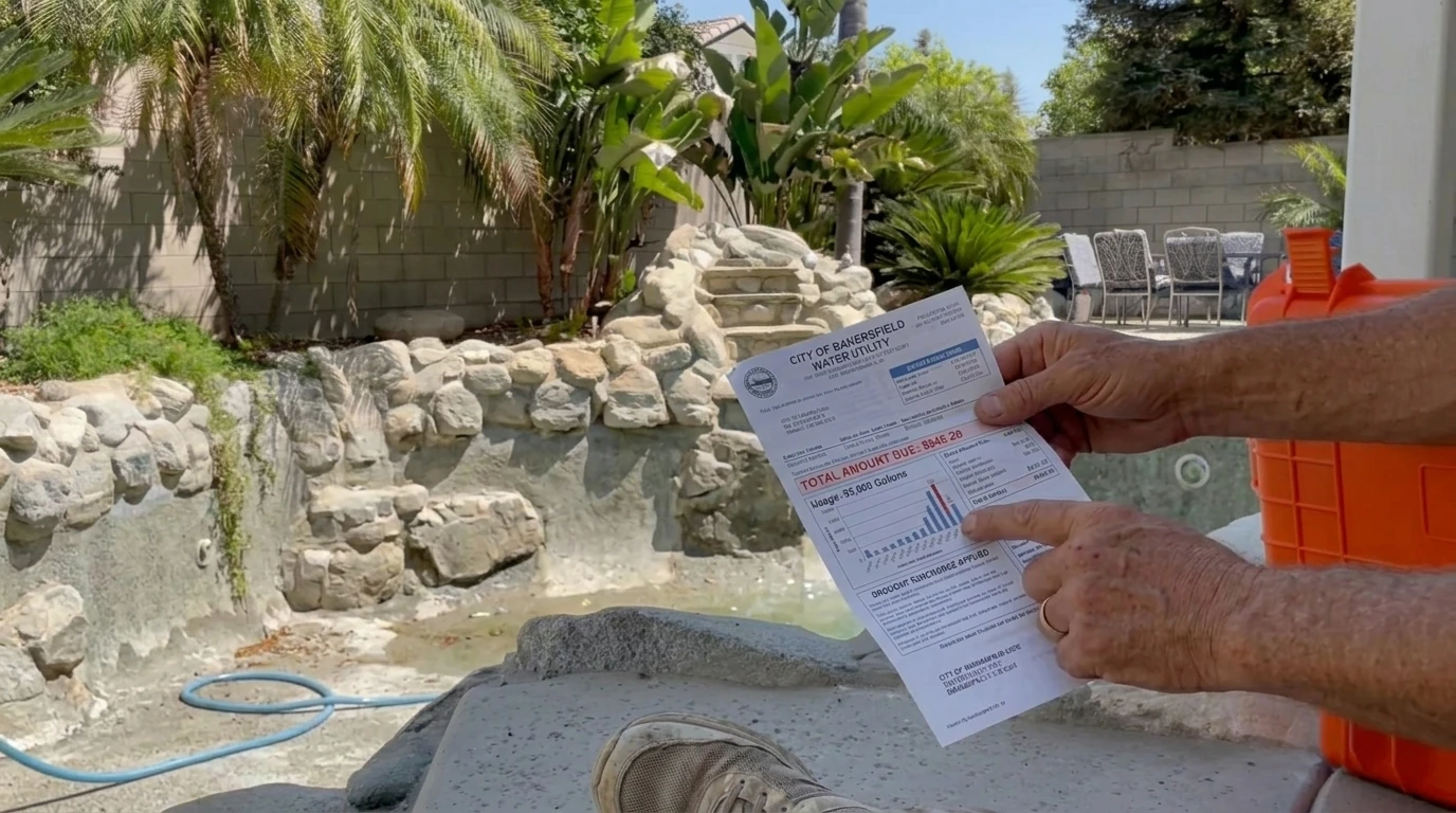 A worried homeowner standing at the edge of a sparkling backyard swimming pool in sunny Bakersfield, California, holding a paper water bill.