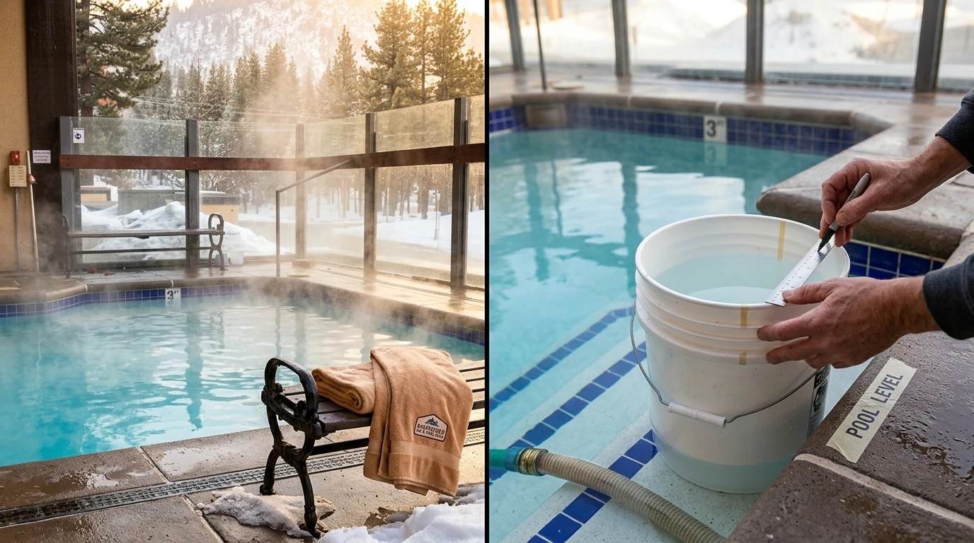 Split scene at a snowy Bakersfield pool: on one side, gentle shimmer and mist rising off the blue water surface.