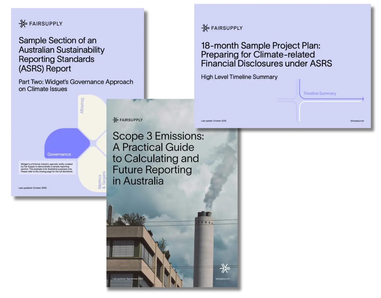 Image showing the three resources included in Fair Supply’s ASRS Reporting Readiness Pack: Sample Section of an Australian Sustainability Reporting Standards (ASRS) Report – Widget’s Governance Approach on Climate Issues, a light purple cover with a governance-themed diagram. 18-month Sample Project Plan: Preparing for Climate-related Financial Disclosures under ASRS, a light blue cover highlighting a project timeline. Scope 3 Emissions: A Practical Guide to Calculating and Future Reporting in Australia, featuring a photo of a building and smokestack against a cloudy sky.