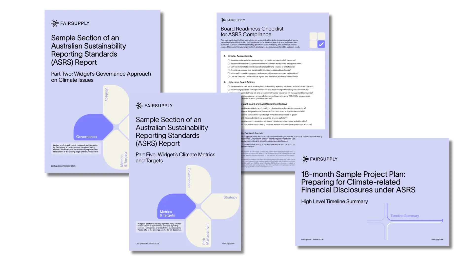 Four Fair Supply resources displayed in a grid layout, including sample sections of an Australian Sustainability Reporting Standards (ASRS) report, a board readiness checklist for ASRS compliance, and an 18-month sample project plan for climate-related financial disclosures. Each document features a light purple design with clean typography and Fair Supply branding.