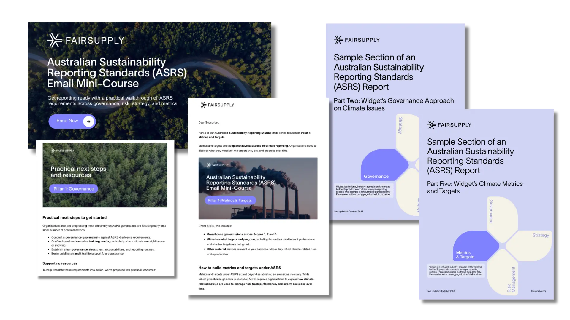 Four Fair Supply resources displayed in a grid layout, including sample sections of an Australian Sustainability Reporting Standards (ASRS) report, a board readiness checklist for ASRS compliance, and an 18-month sample project plan for climate-related financial disclosures. Each document features a light purple design with clean typography and Fair Supply branding.