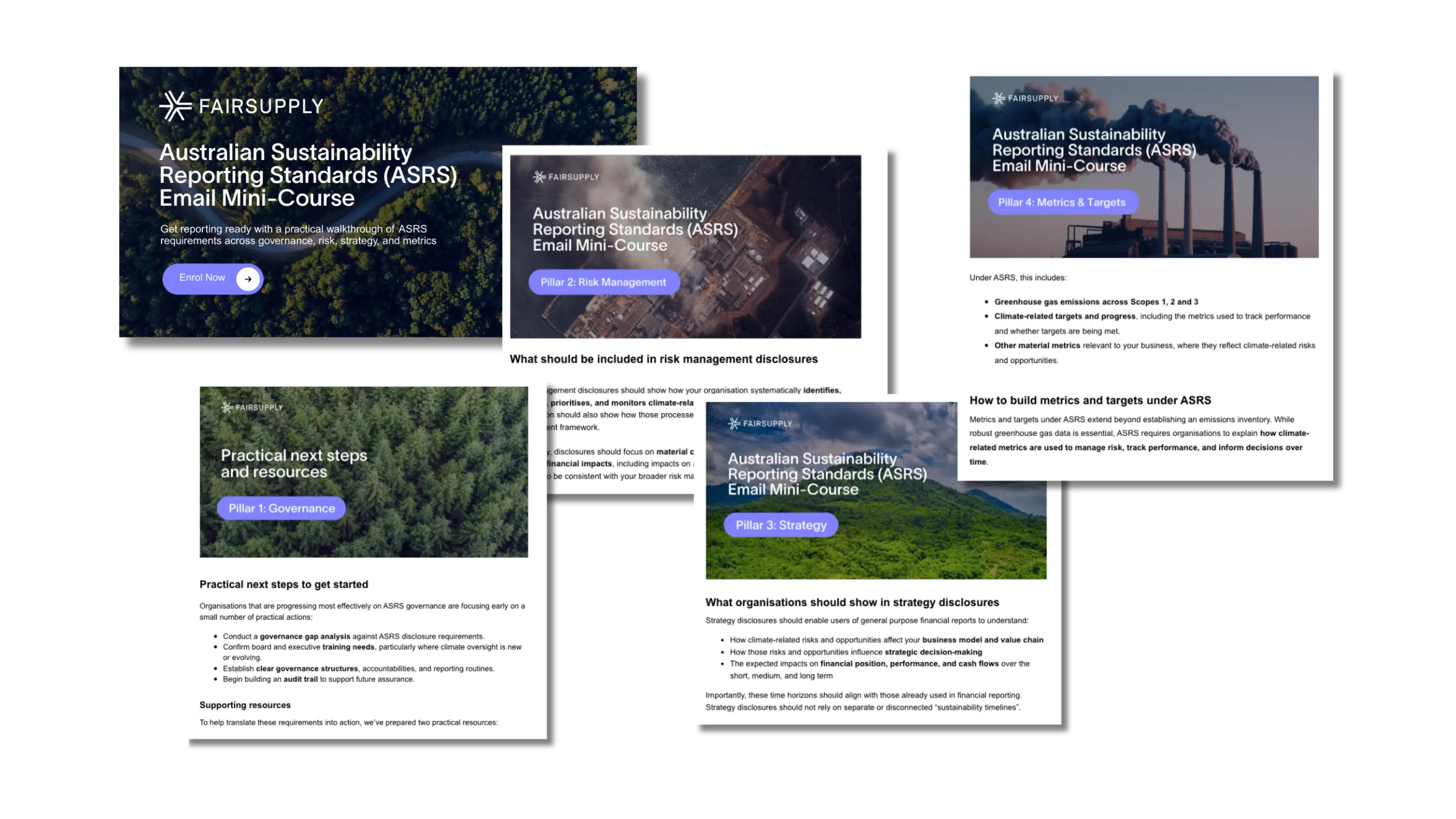 Four Fair Supply resources displayed in a grid layout, including sample sections of an Australian Sustainability Reporting Standards (ASRS) report, a board readiness checklist for ASRS compliance, and an 18-month sample project plan for climate-related financial disclosures. Each document features a light purple design with clean typography and Fair Supply branding.