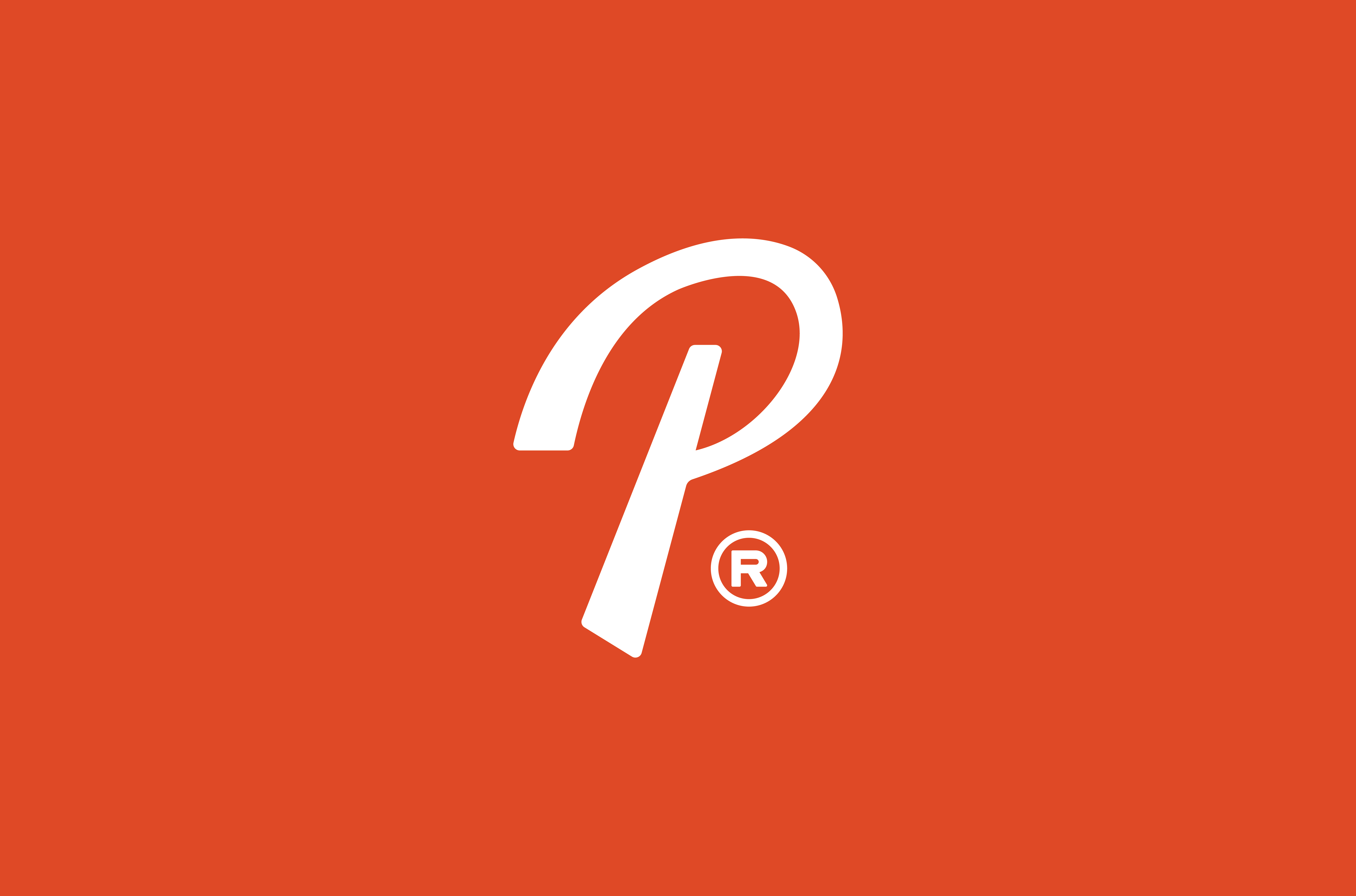 White stylized letter P with registered trademark symbol on solid orange background.