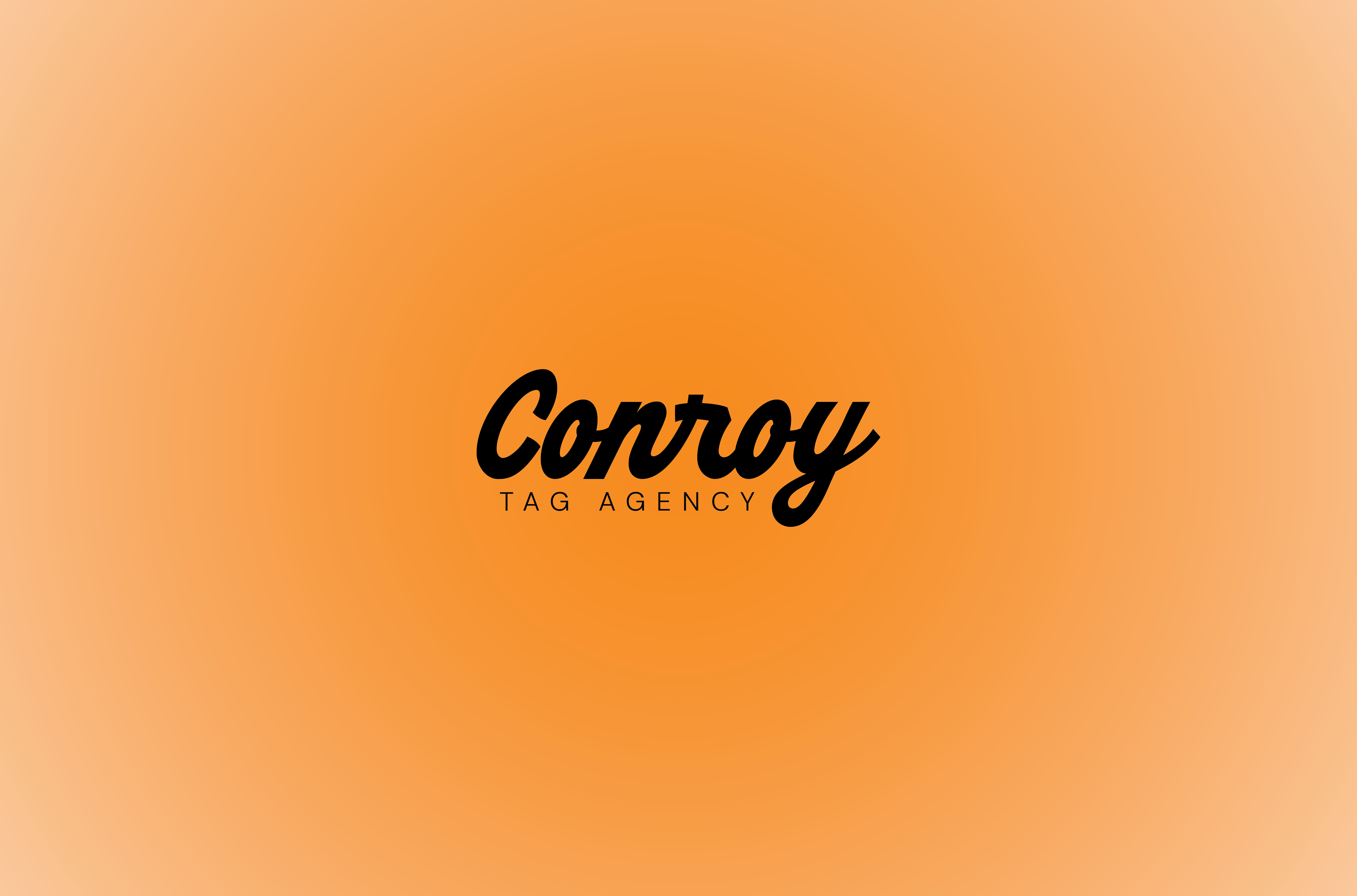 Black text 'Conroy' in cursive above 'TAG AGENCY' on an orange gradient background.