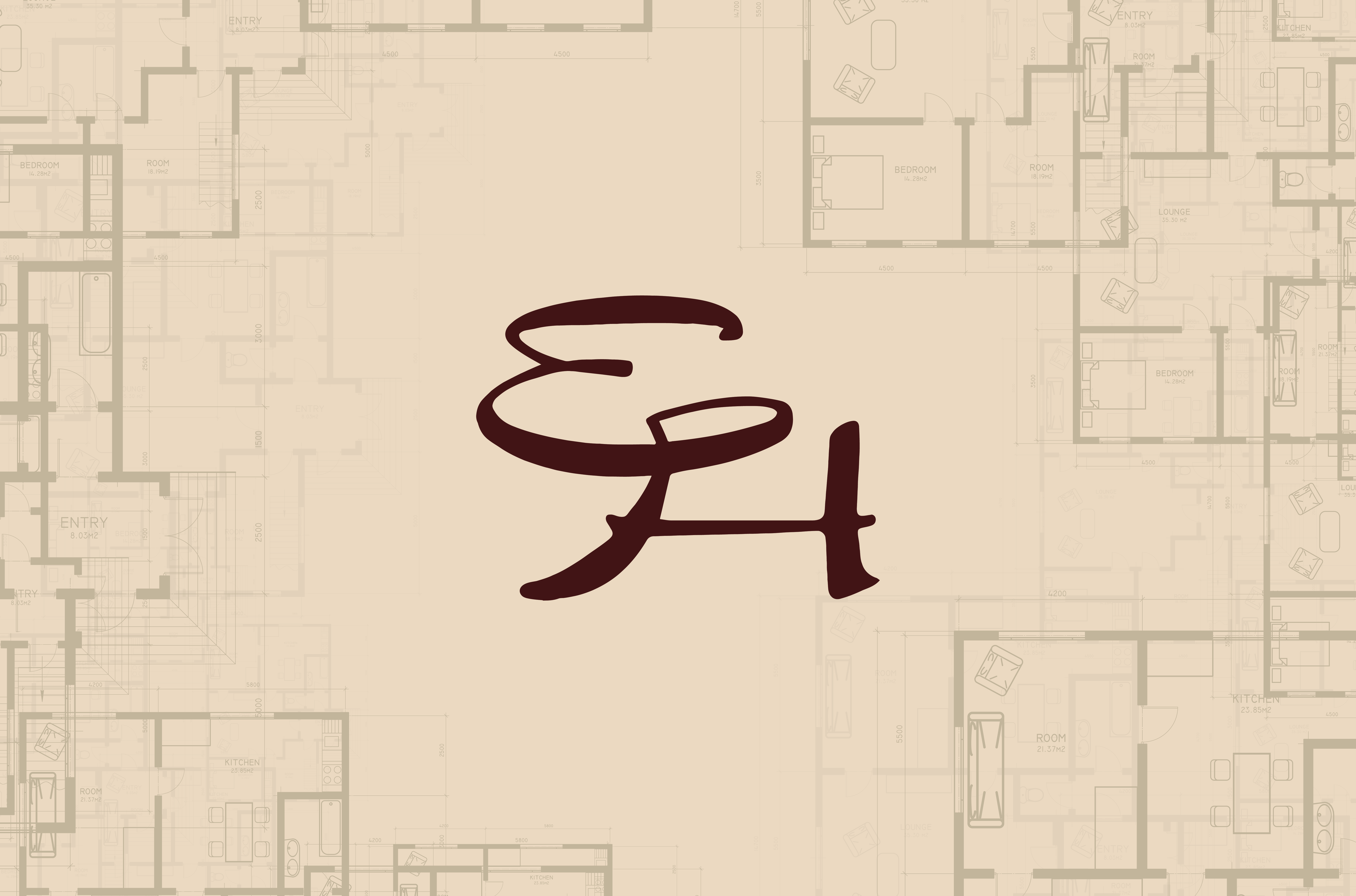 Stylized brown EFH initials centered on a beige background with faded architectural floor plans.