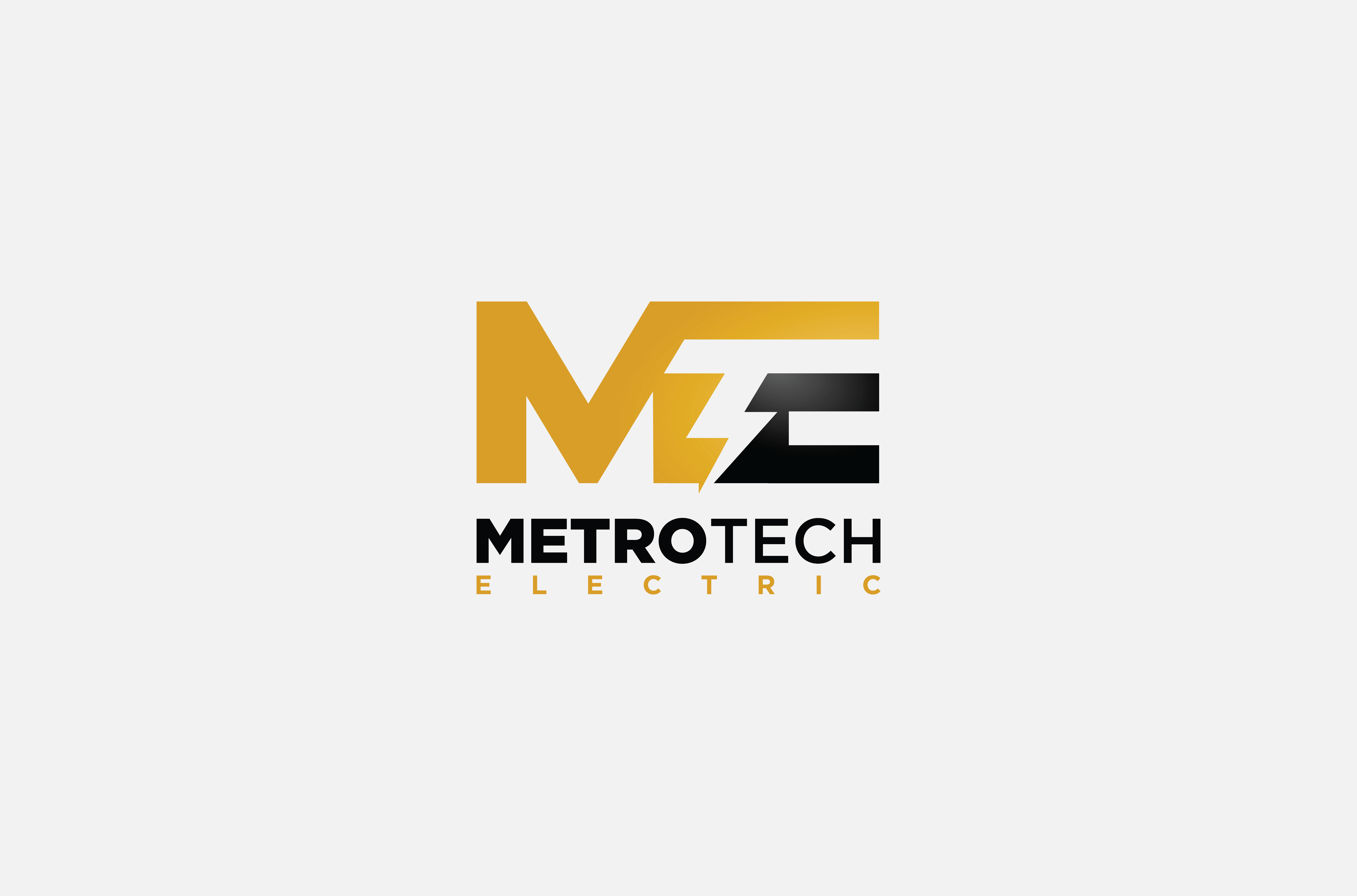 Logo with stylized gold and black letters M and E with a lightning bolt, above the text METROTECH ELECTRIC.