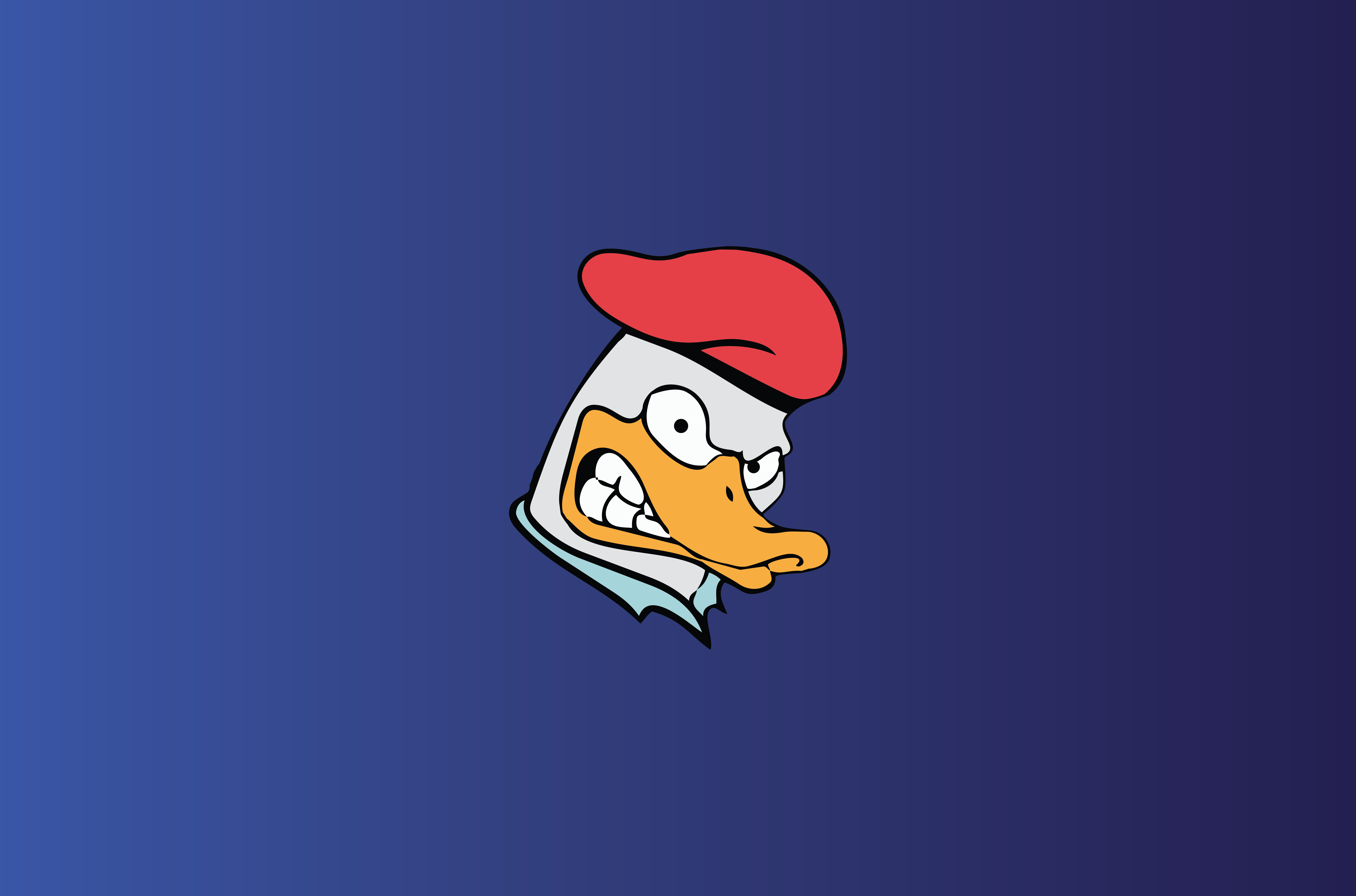 Angry cartoon duck head wearing a red beret on a blue gradient background.