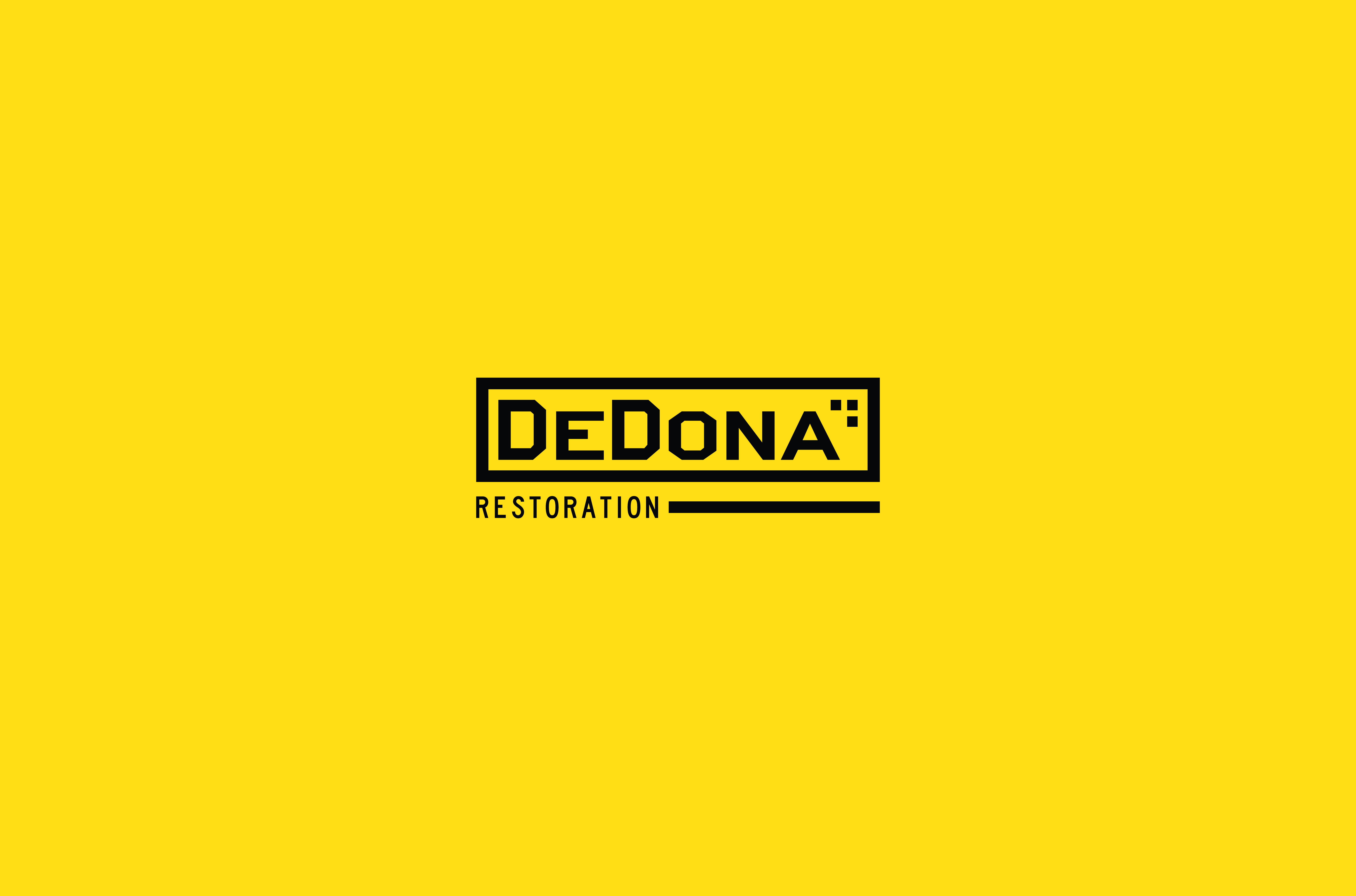 Black DeDona Restoration logo with a rectangular border on a yellow background.