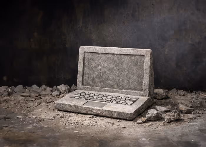 Laptop entirely sculpted from stone resting on a rocky, dusty surface with a dark background.