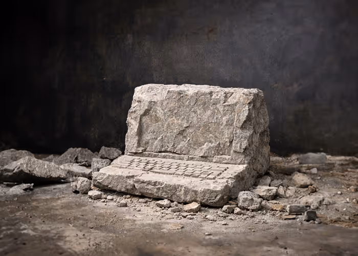 Stone sculpture of a laptop computer with detailed carved keyboard and screen, placed on a rough ground with scattered rocks.