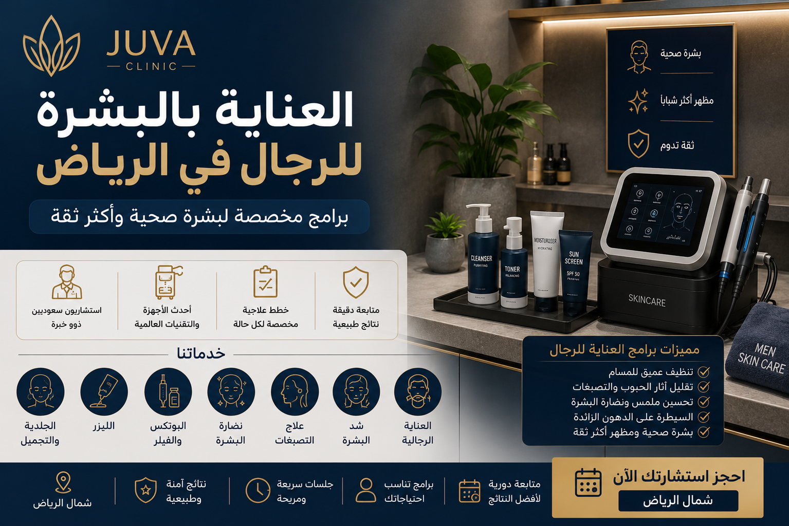 غرفة عيادة حديثة تضم أجهزة متطورة للعناية بالبشرة للرجال في الرياض.