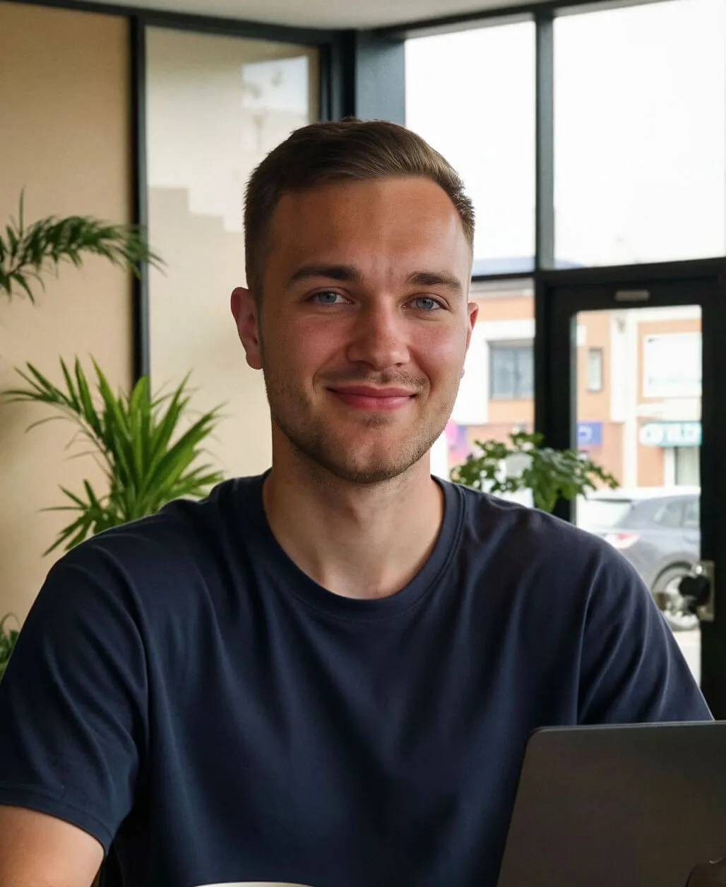 Smiling Roberto Dekker with short brown hair wearing a dark t-shirt sitting indoors with plants and a window in the background.