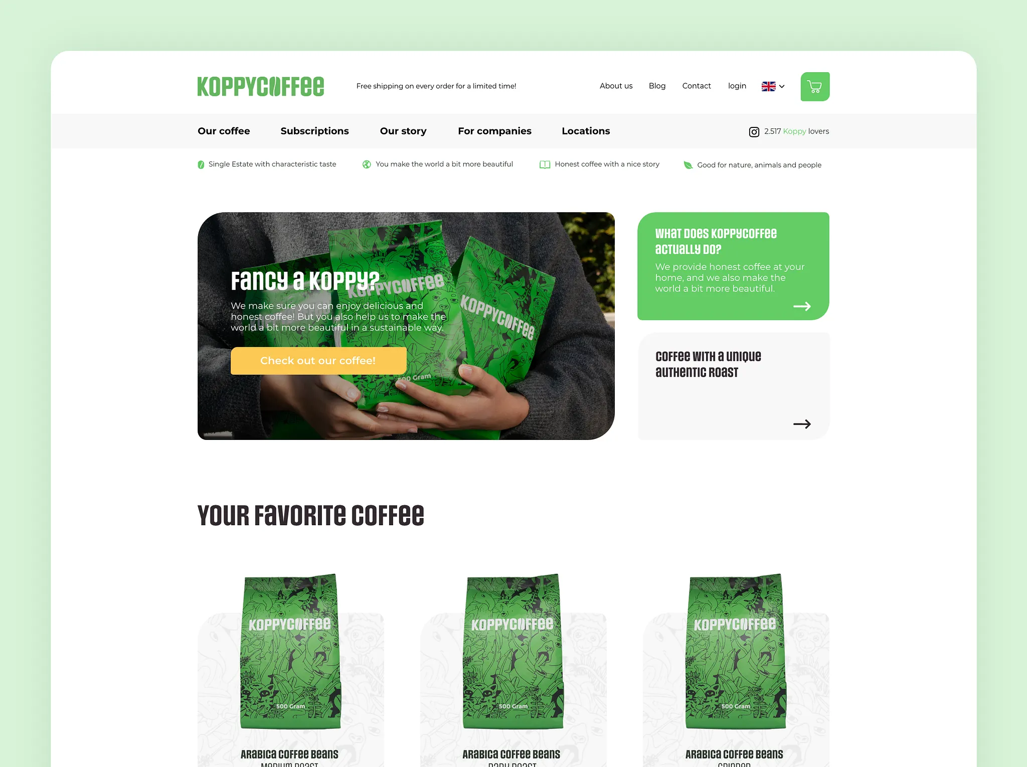 KoppyCoffee website homepage showing green coffee bags, navigation menu, and sections promoting honest, sustainable coffee and unique roasts. Design by Mayelow