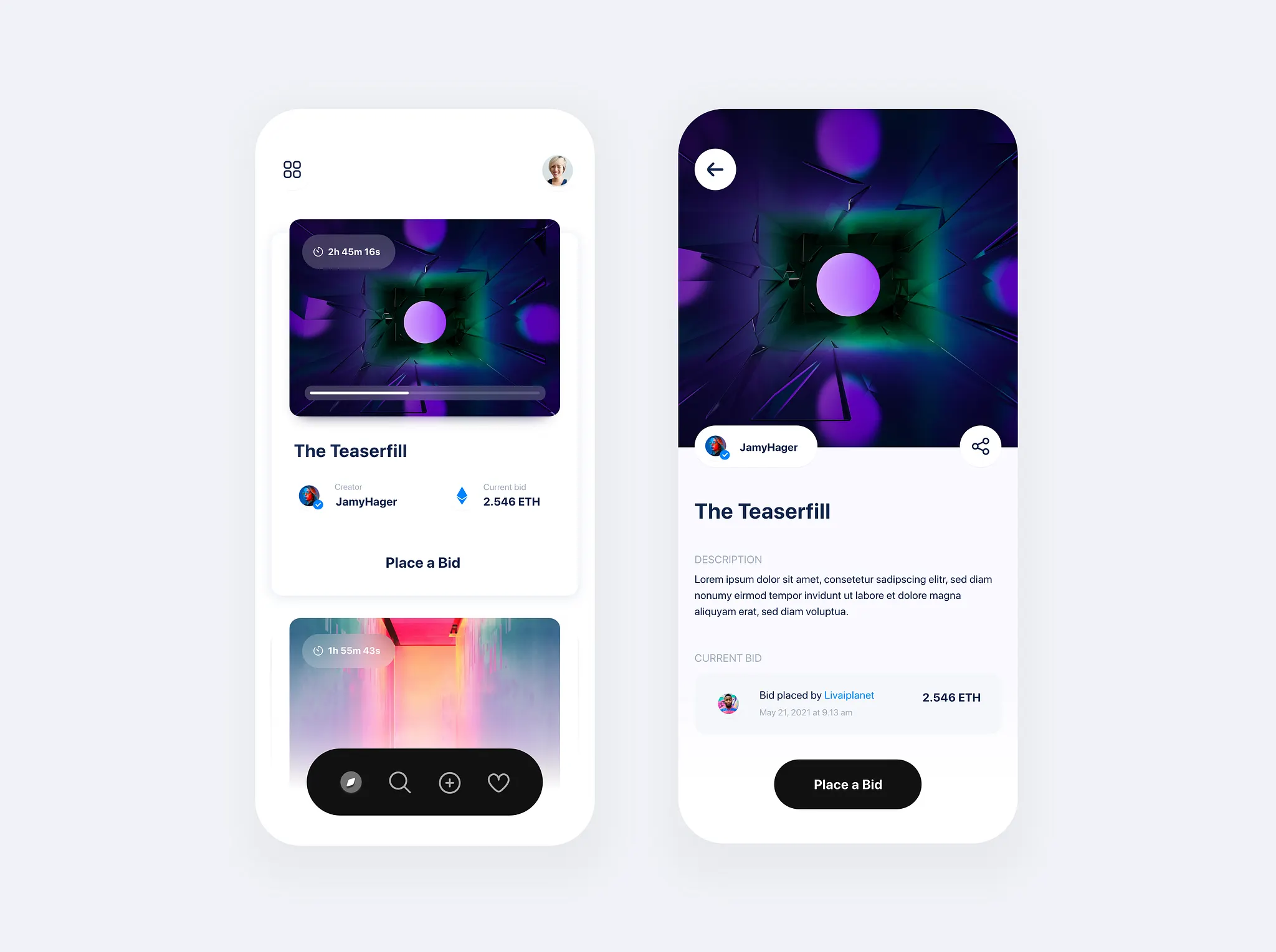 Mobile app interface showing NFT auction listings with digital artwork, creator, current bid, and bid placement button. Design by Mayelow