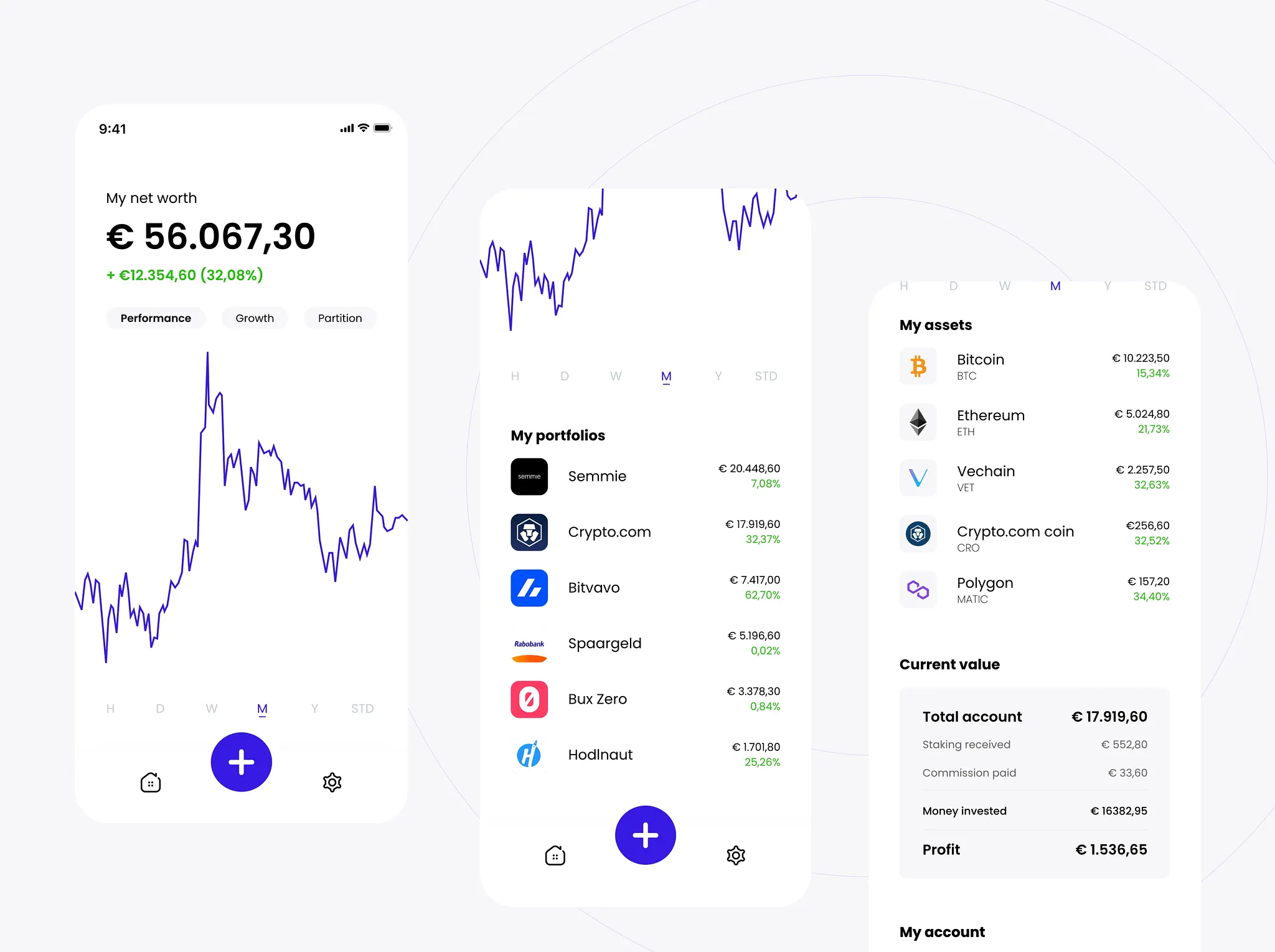 Mobile app interface showing net worth graph, portfolio list with values and growth percentages, and asset holdings including Bitcoin, Ethereum, and others with current values. Design by Mayelow