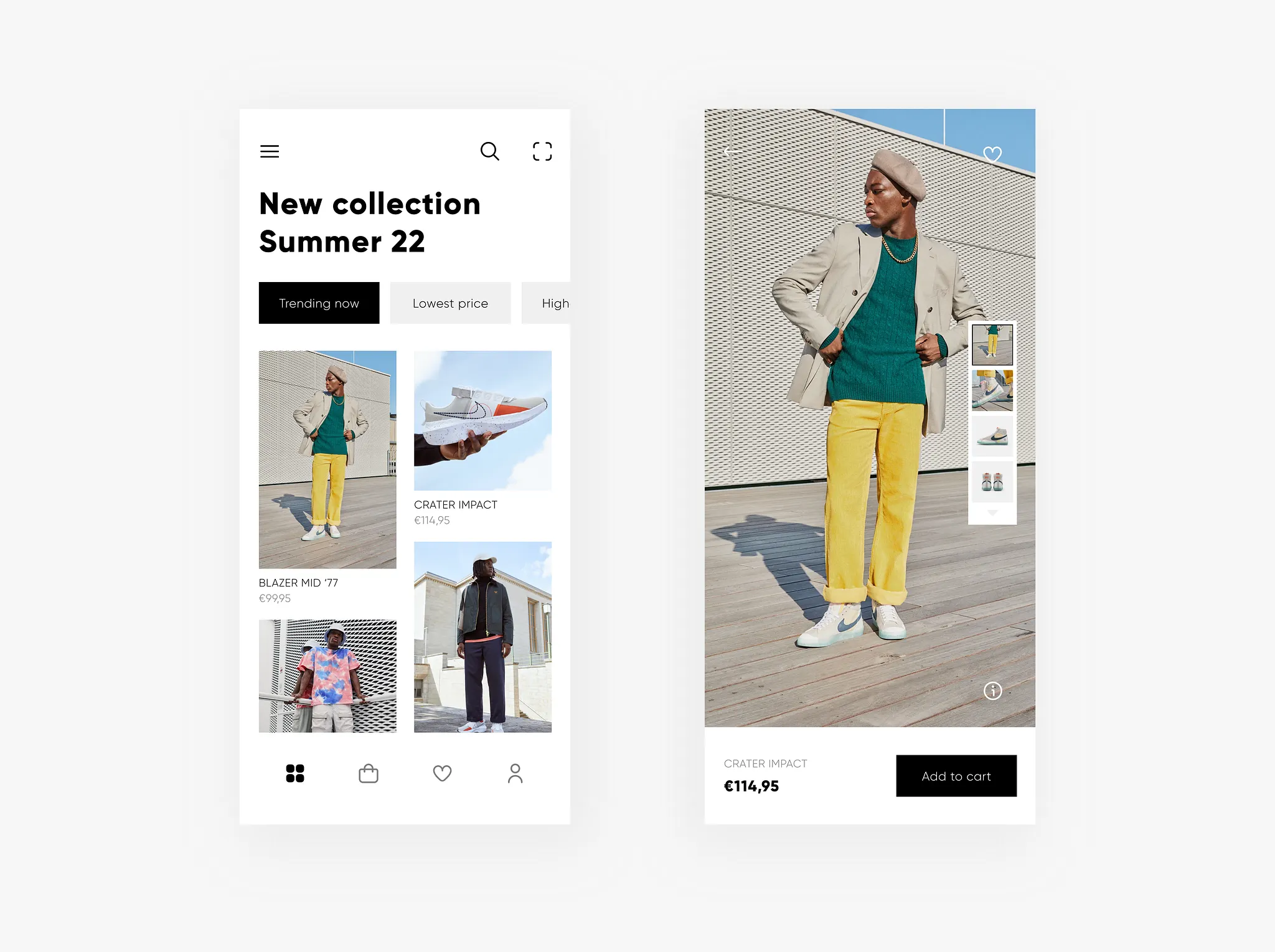 Mobile e-commerce UI showing a new Summer 22 collection with a model in yellow pants, green sweater, beige blazer, and sneakers, alongside shoe product details and add to cart option. Design by Mayelow