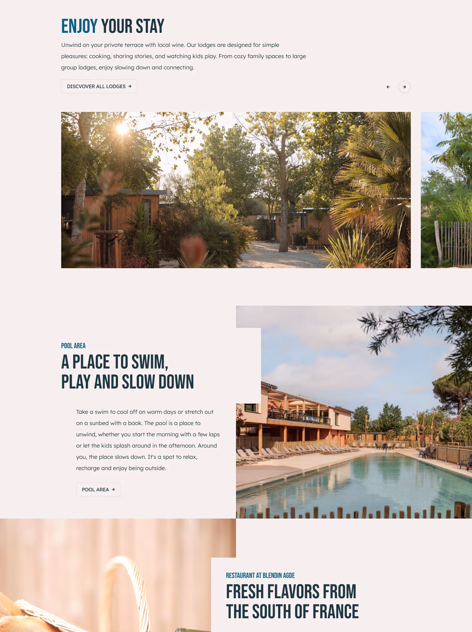 Preview of Blendin site. Outdoor pool area with lounge chairs, surrounded by trees and a restaurant building under blue sky.