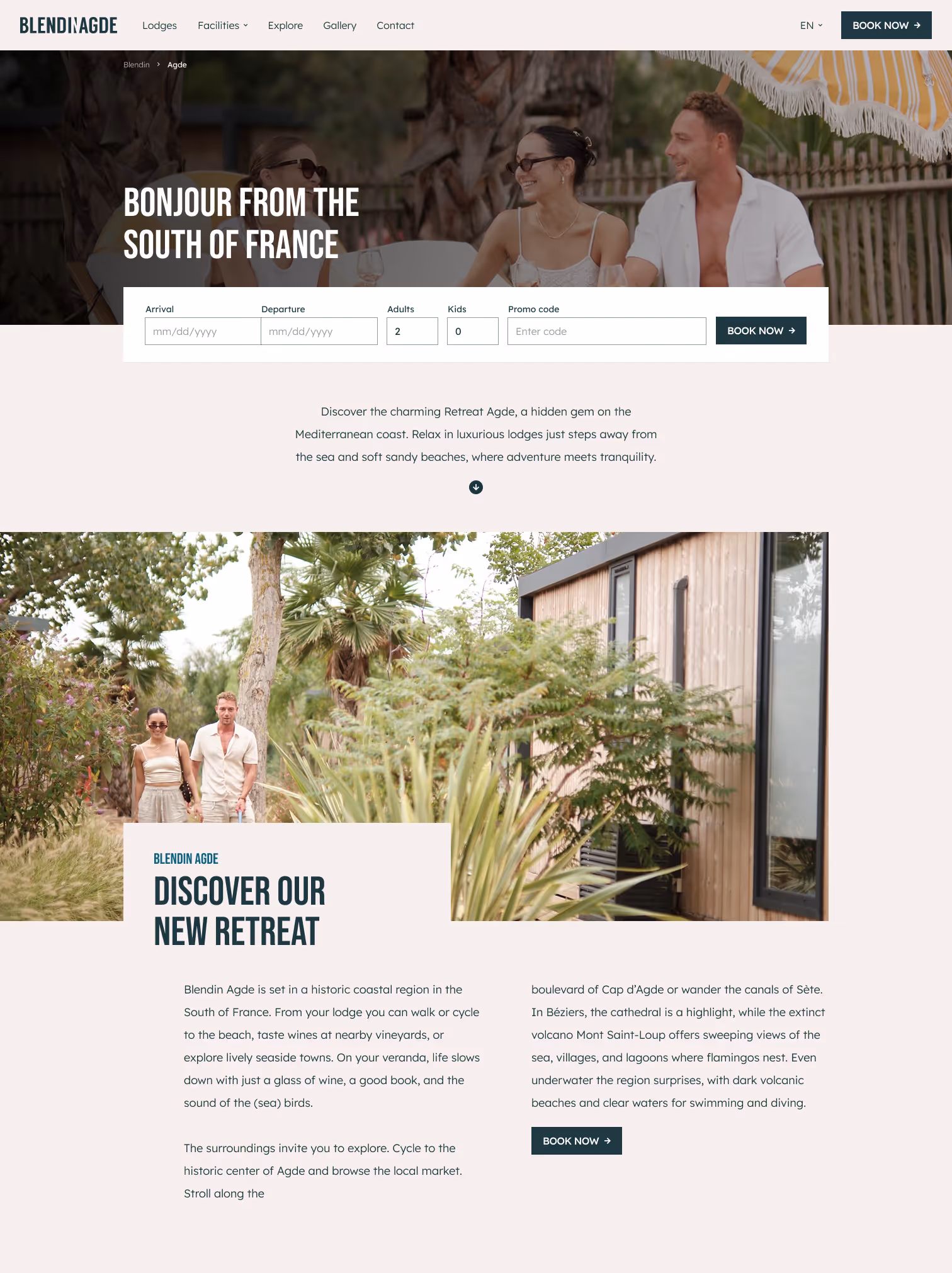 Preview of Blendin website. A man and woman walking hand in hand on a path near a wooden lodge surrounded by green plants.