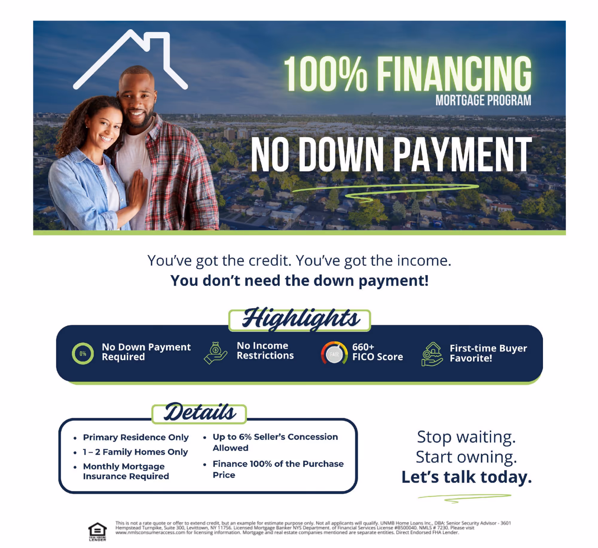 Smiling couple with text promoting 100% financing mortgage program with no down payment needed, highlights of no income restrictions, 660+ FICO score, and first-time buyer favorite.
