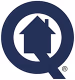 Blue letter Q with a house silhouette inside the letter's circle.