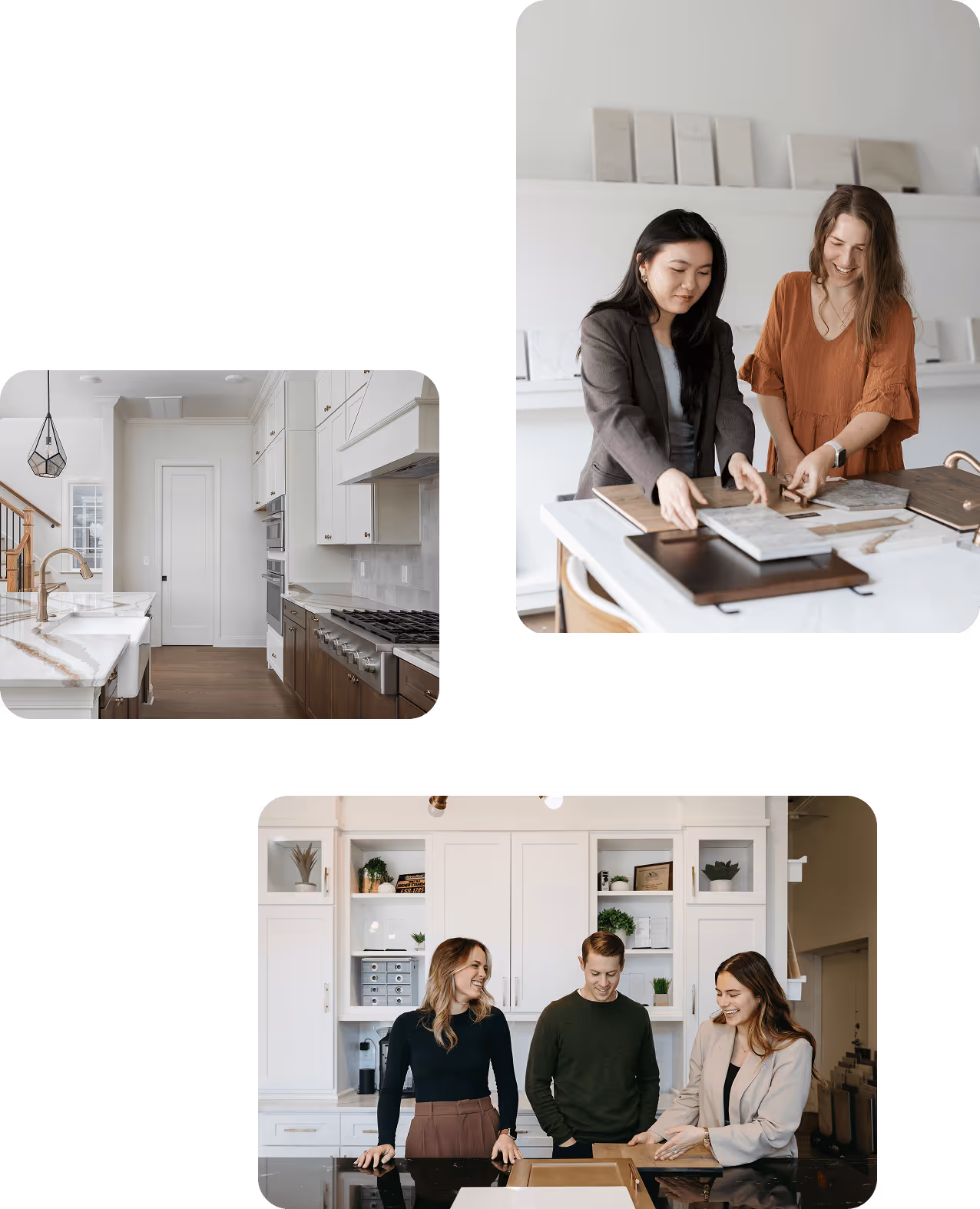 Three people standing around a kitchen island discussing wood and tile samples in a modern kitchen showroom; another image shows two women examining wooden and stone samples; a third shows a clean, modern kitchen with marble countertops and a gas stove.