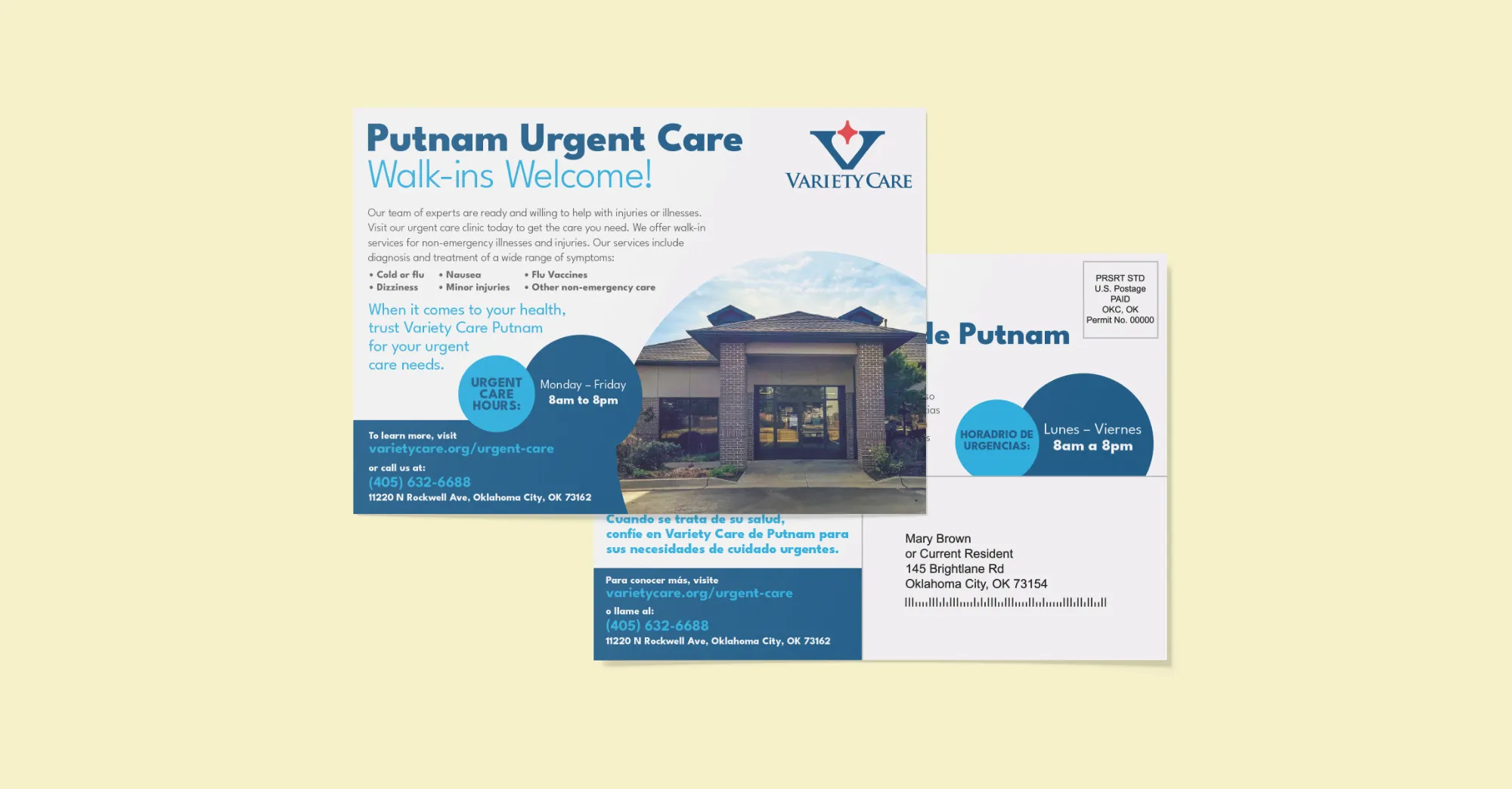 A direct mail piece for Variety Care in both Spanish and English, paired with a printed trifold design that highlights locations and services.