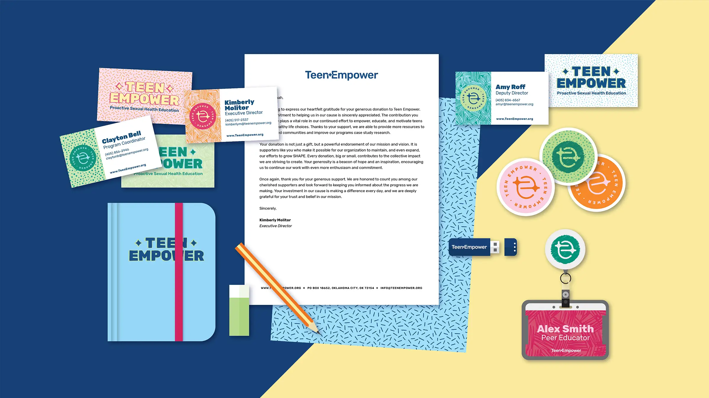 Teen Empower branded collateral: business cards, letterhead, stickers, and id badges showing how the brand is very colorful and playful