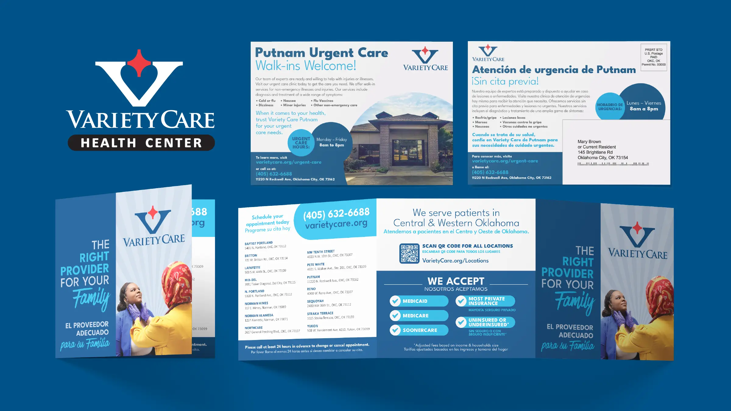 A direct mail piece for Variety Care in both Spanish and English, paired with a printed trifold design that highlights locations and services.