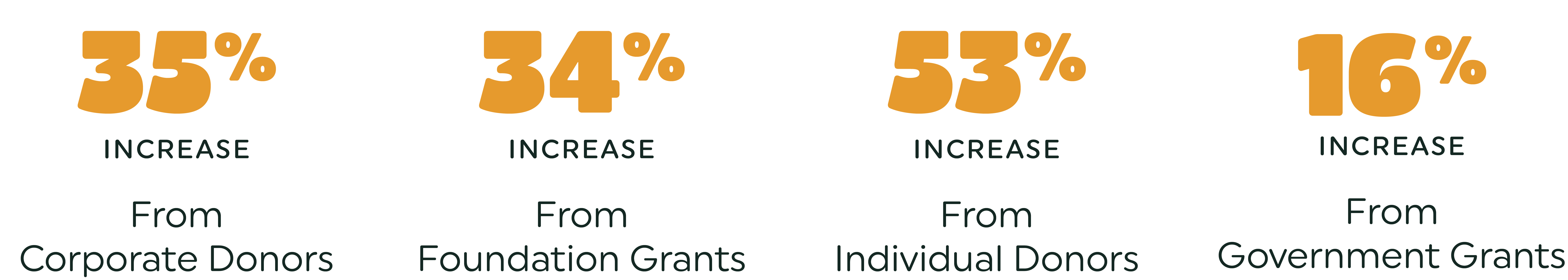 35% INCREASE From Corporate Donors 34% INCREASE From Foundation Grants 53% INCREASE From Individual Donors 16% INCREASE From Government Grants
