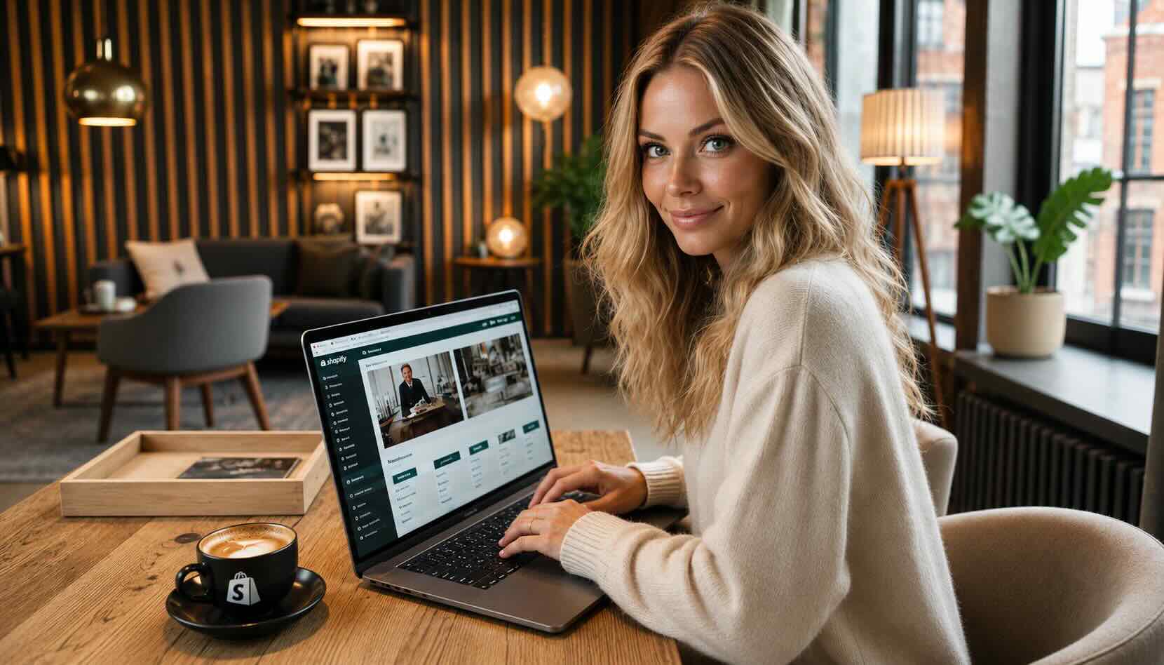 vrouw in kantoor werkt aan shopify webshop