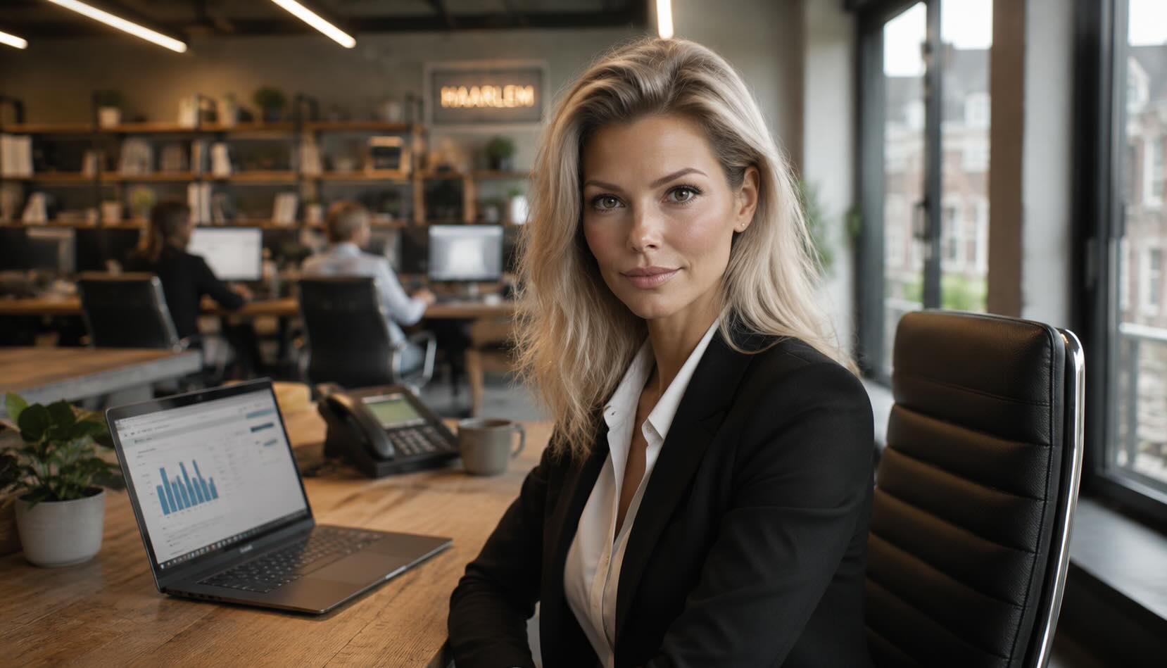 vrouw aan bureau in Haarlems kantoor verzend nieuwsbrieven