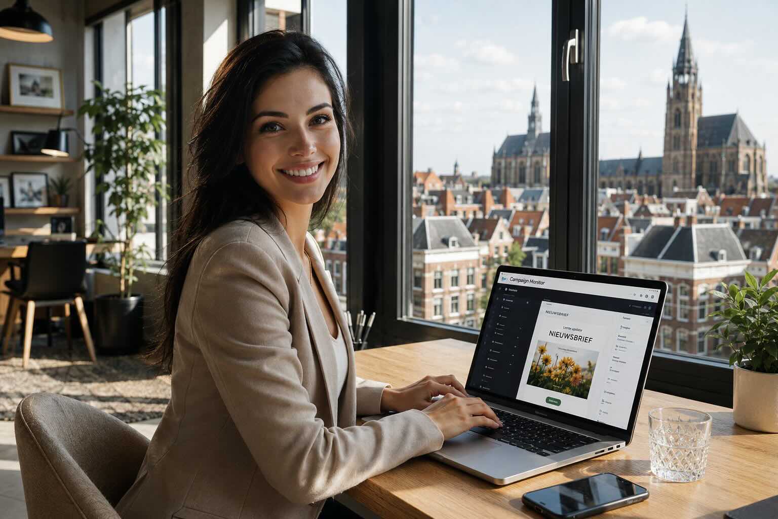 vrouw werkt met programma voor nieuwsbrieven met uitzicht op de stad Haarlem