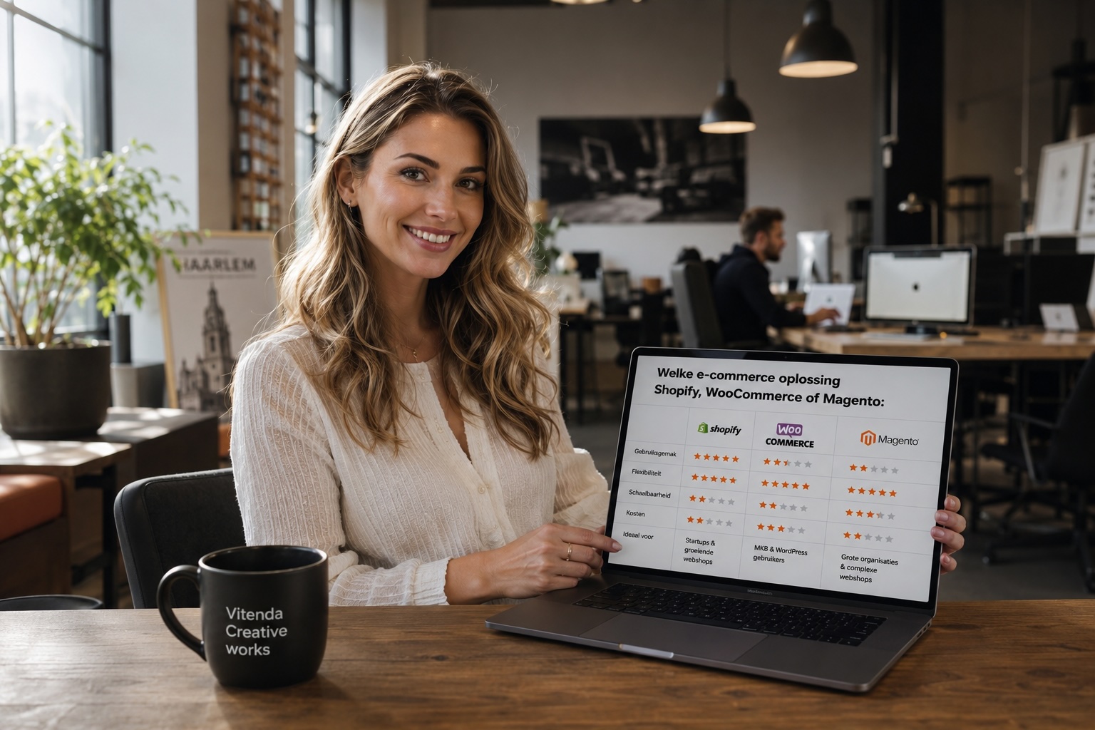 Mooie vrouw in Haarlems kantoor legt het verschil uit tussen shopify, woocommerce en magento