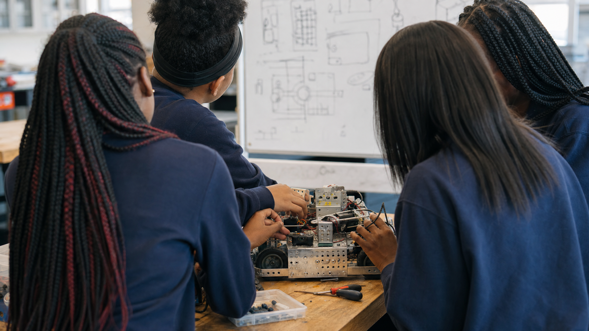 Four African American teenage girls working together on a robotics project in a high school science lab