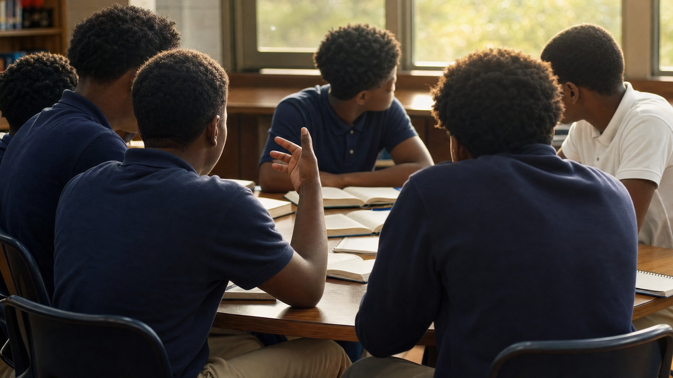 African American teenage boys in discussion around a seminar table in a sunlit high school classroom