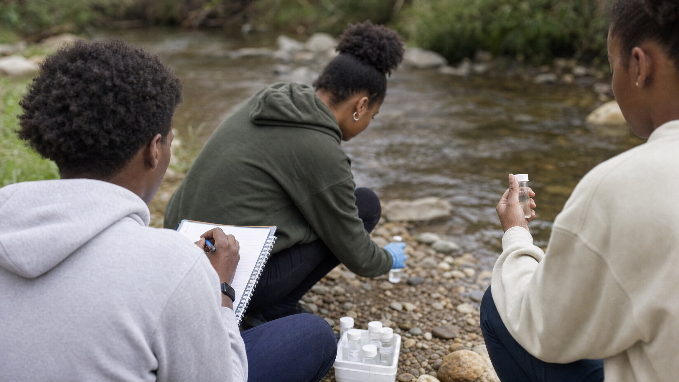 High school students doing hands-on environmental fieldwork at a creek, collecting water samples and recording readings