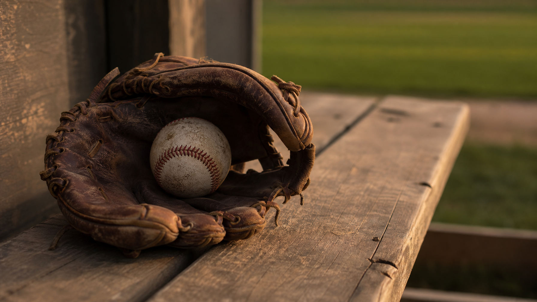 A worn leather baseball glove and ball on a wooden dugout bench at golden hour