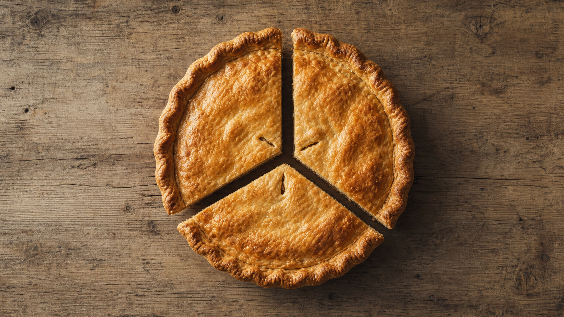 Overhead view of a golden-brown pie cut into three equal wedges on a rustic surface