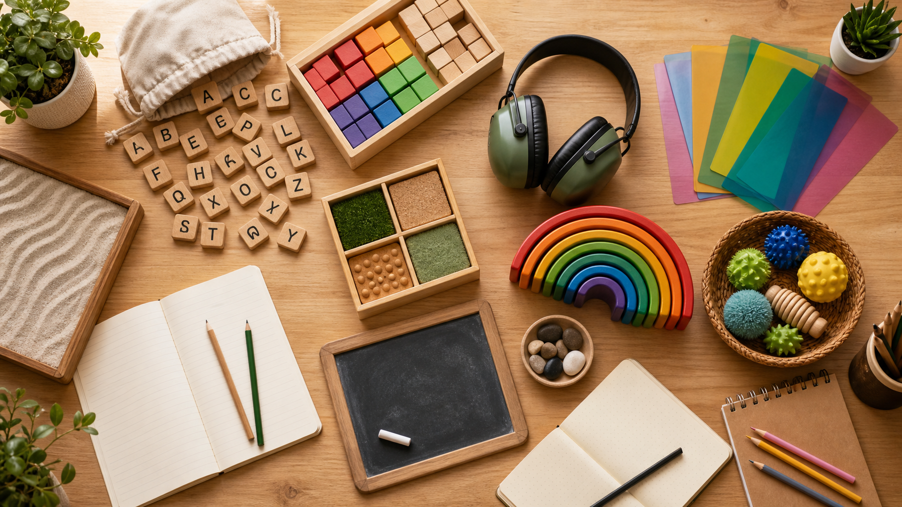 An overhead arrangement of varied hands-on learning tools including letter tiles, number blocks, headphones, and reading overlays