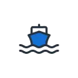 Blue ship icon sailing on wavy water.