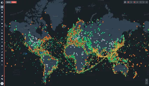 World map displaying dense, color-coded global vessel traffic across major shipping routes.