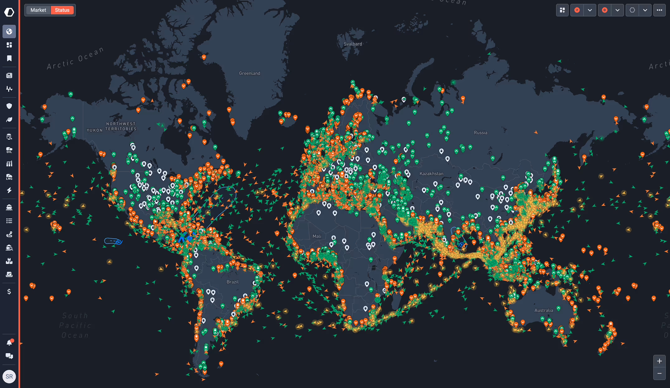 World map displaying dense, color-coded global vessel traffic across major shipping routes.