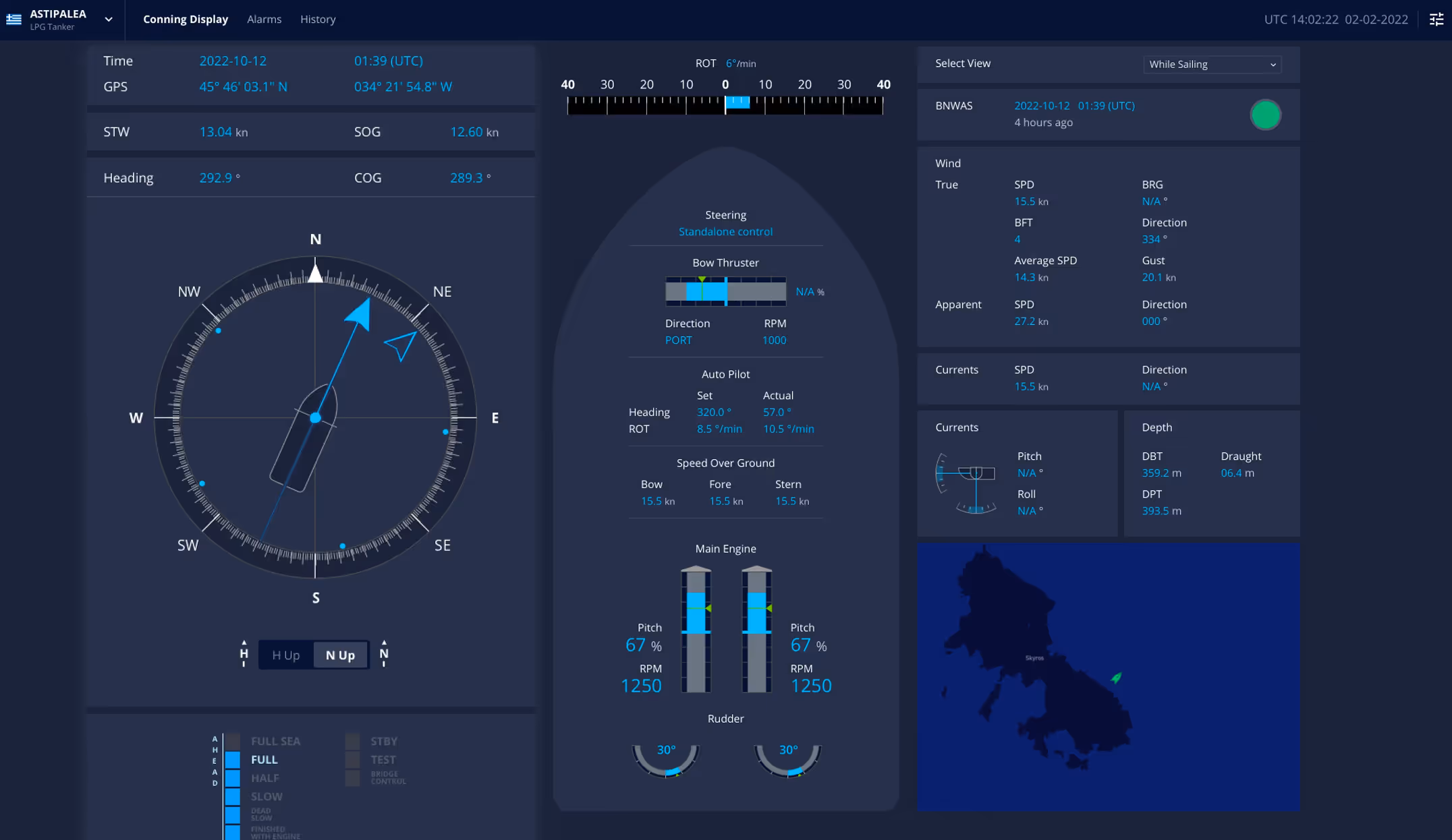 Conning display with vessel heading, speed, engine and rudder data, wind info, and map position.