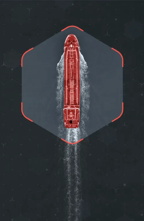 Top-down red-highlighted cargo vessel inside a hexagonal frame with wake.