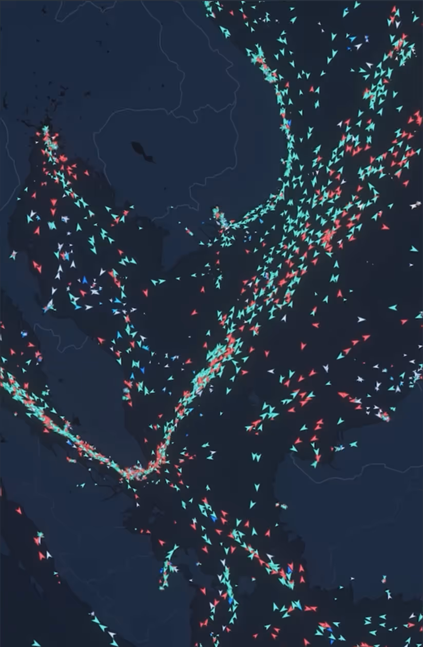 Map view showing dense real-time vessel traffic across Southeast Asia with colored ship icons.