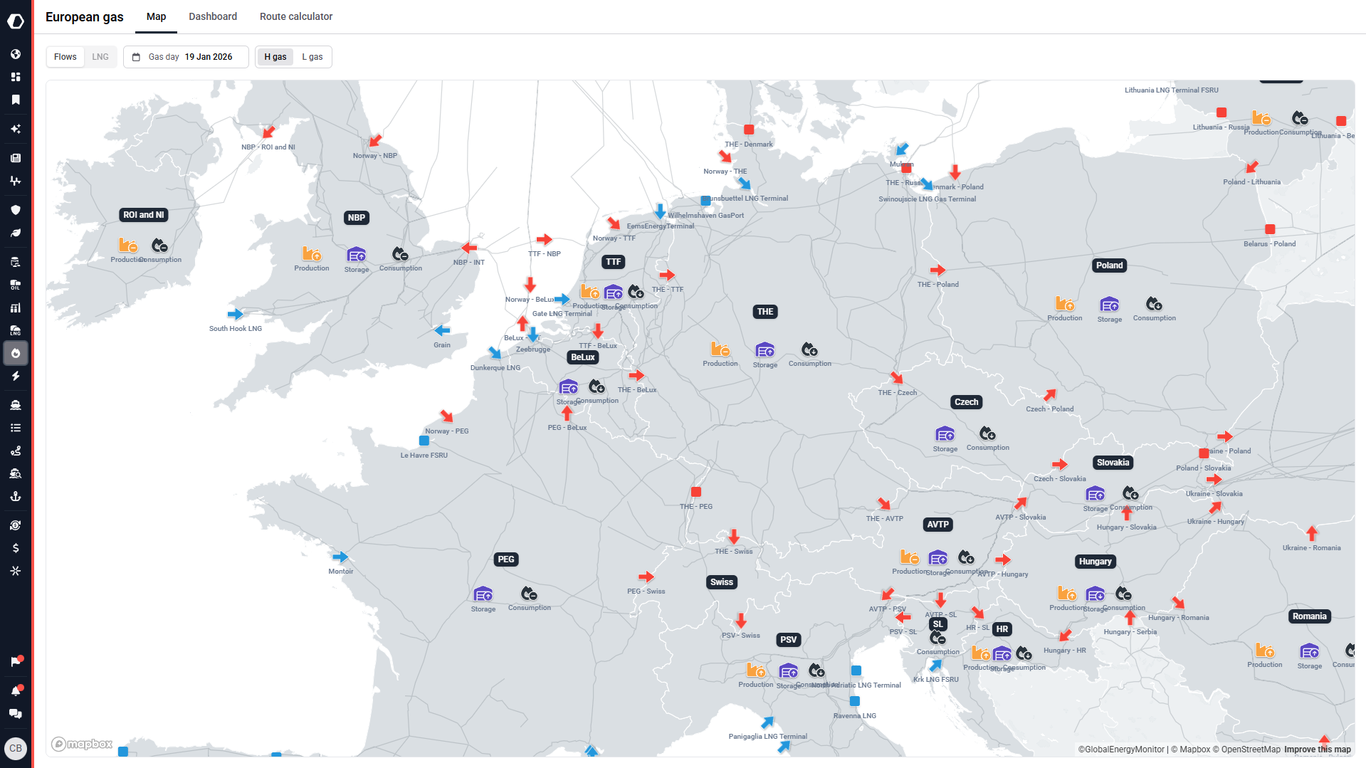Kpler European Gas Flows Map